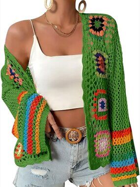 Crochet Cardigan Sweater, Open Front, Long Sleeve, Boho Style, Recycled Material